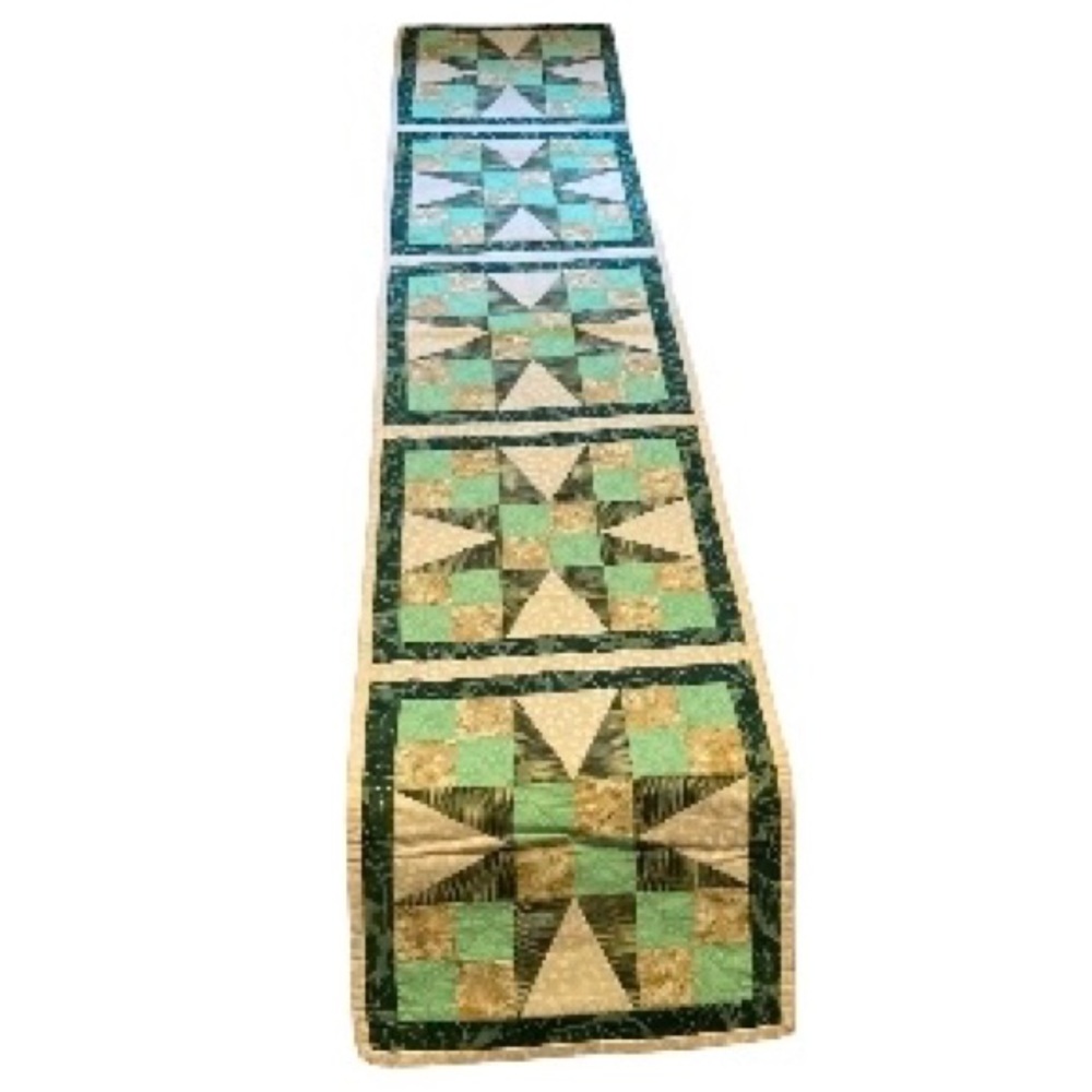 Quilted Table Runner Starburst Squares Green, Gold, Cream, Brown NEW! 74” x 15”
